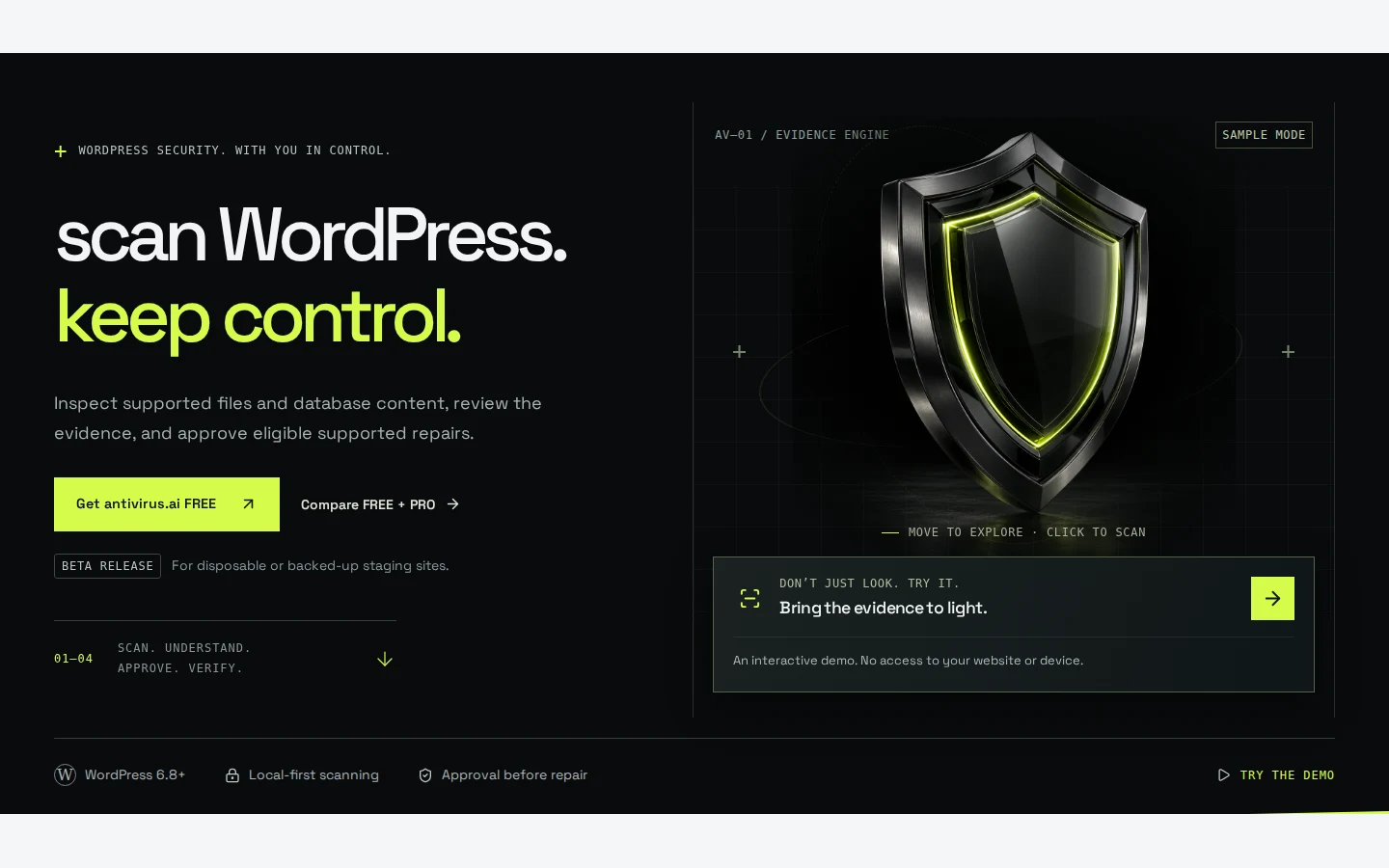 Antivirus.ai public website headline and product preview, captured 28 September 2026.