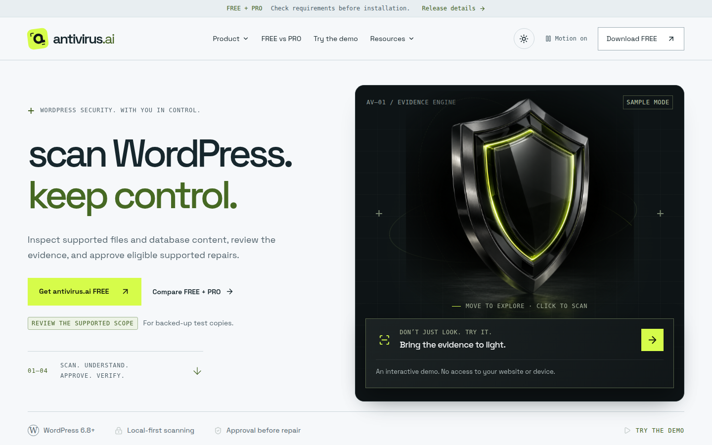 Antivirus.ai official homepage, captured 6 October 2026.
