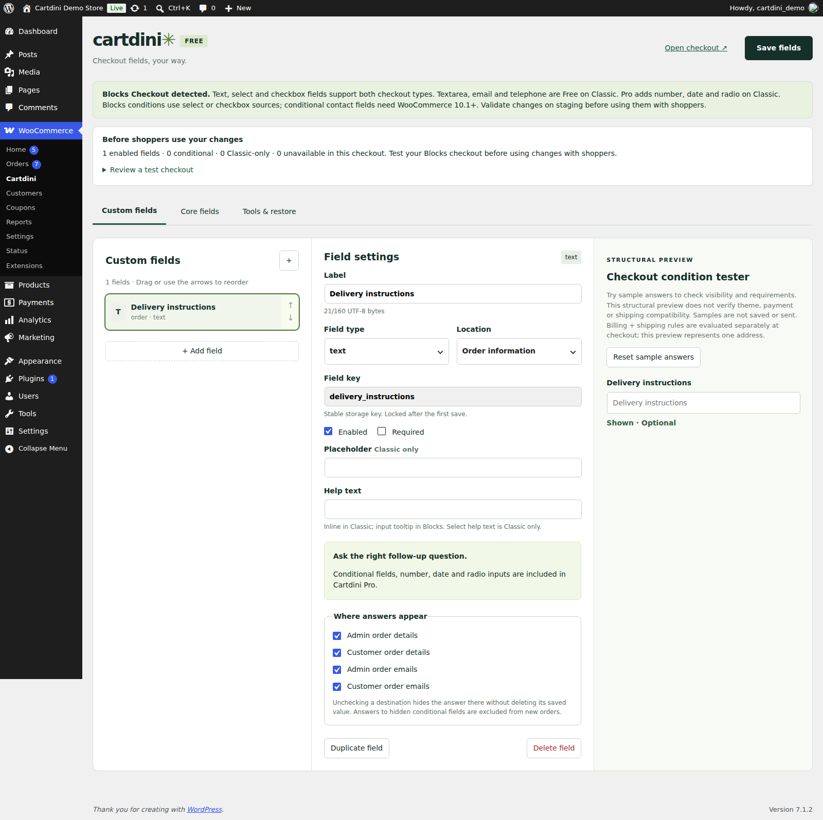 Cartdini Free checkout field editor with sample fields and display settings.