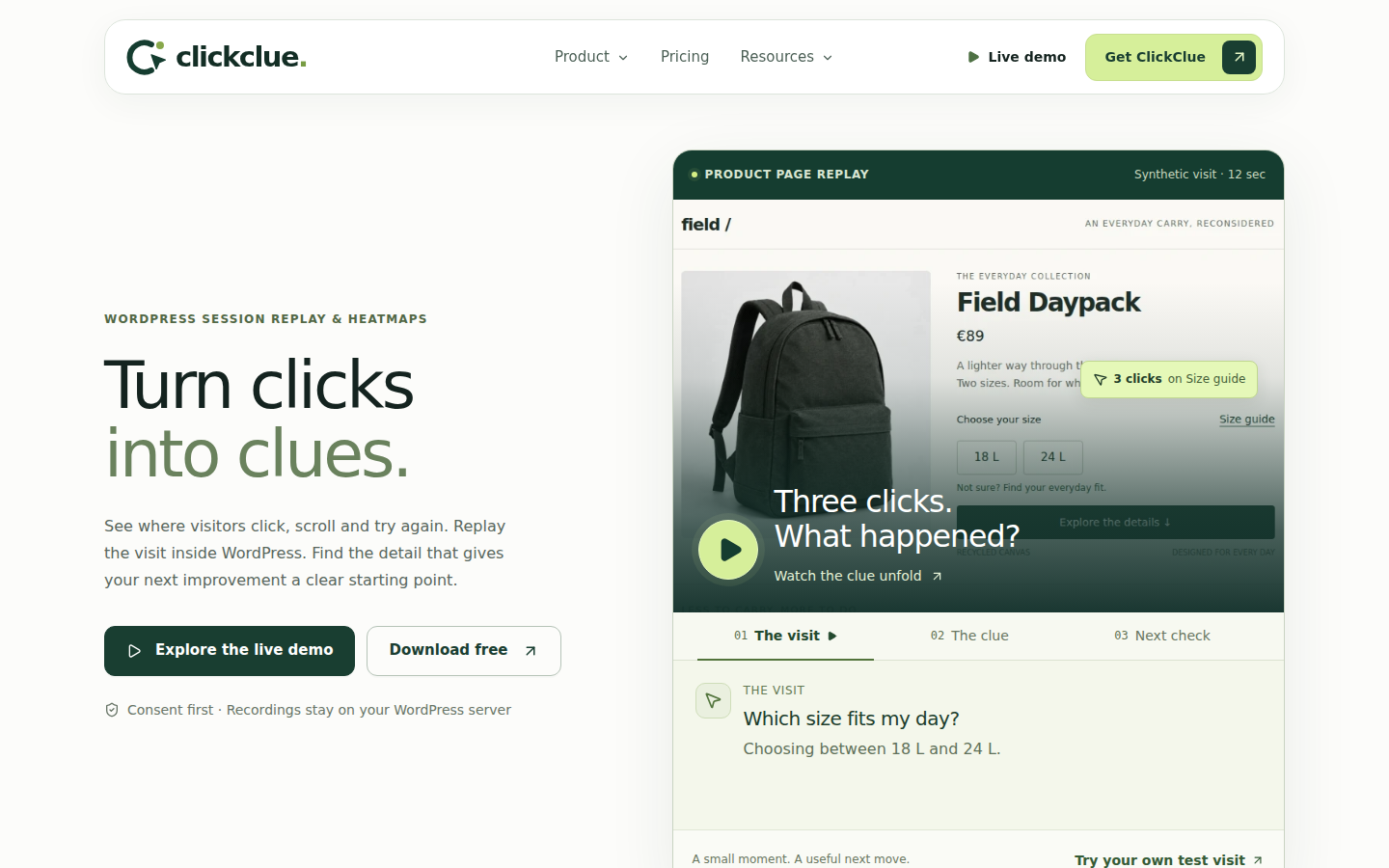 ClickClue official homepage, captured 6 October 2026.