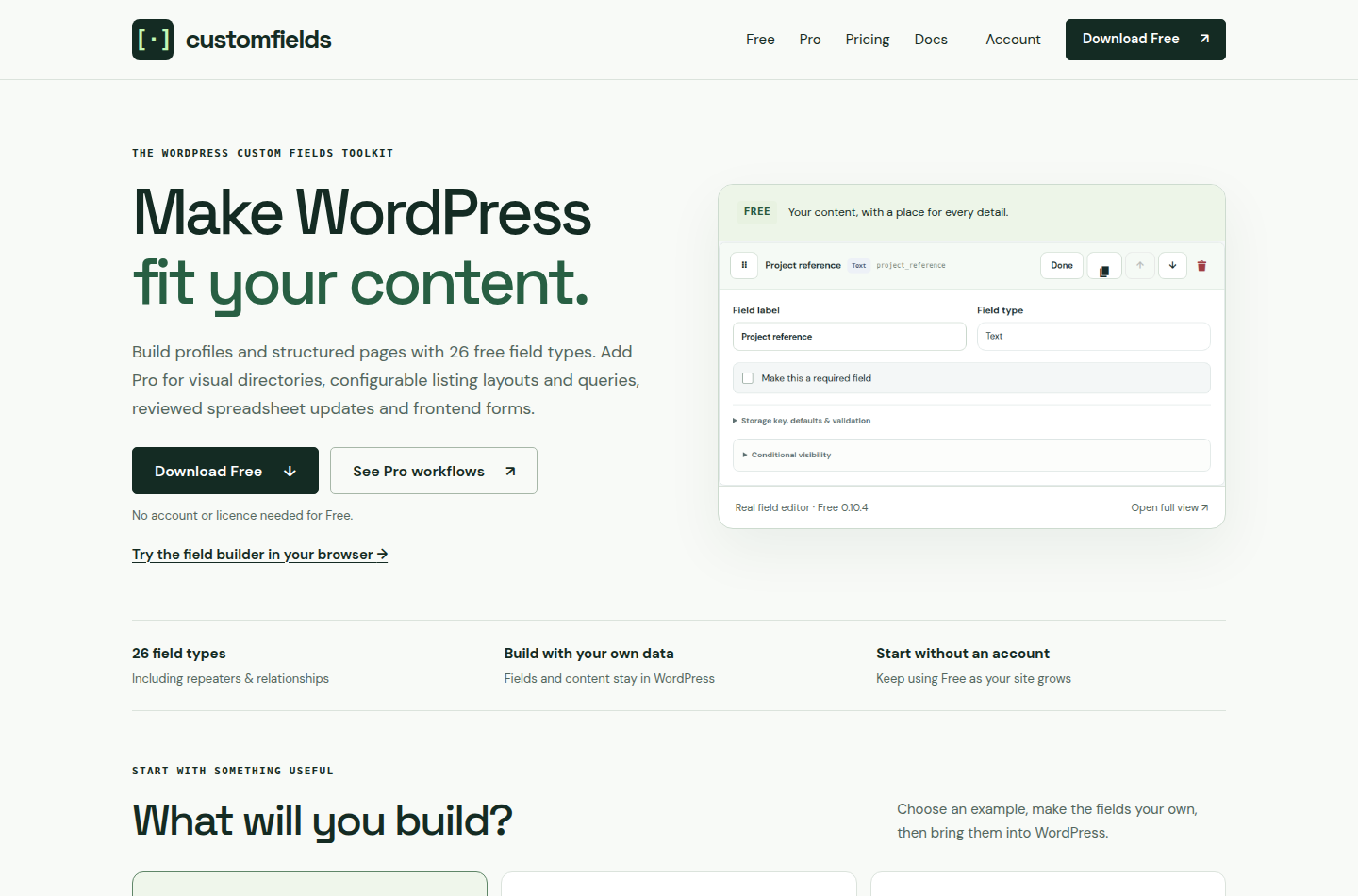 CustomFields official homepage after the Free and Pro launch split, captured 28 October 2026.