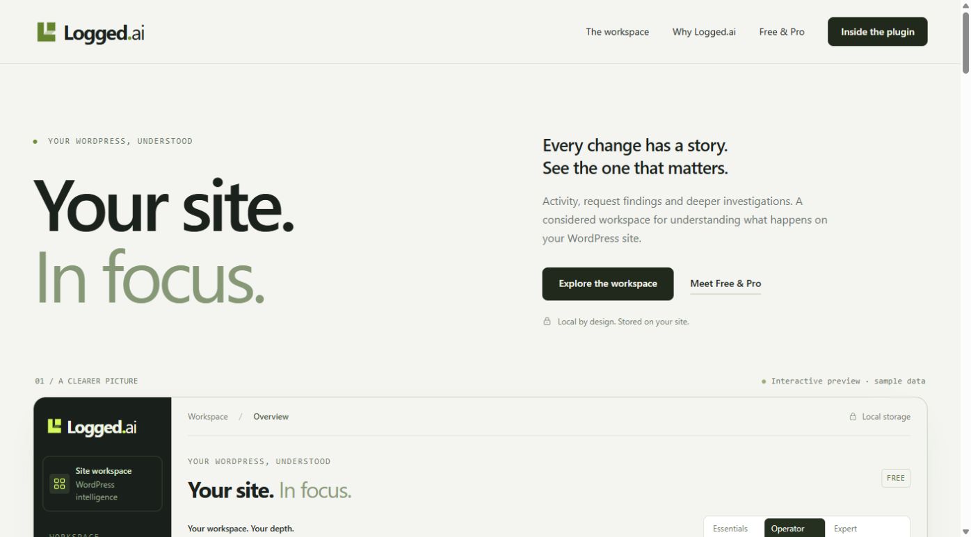 Logged.ai public homepage and illustrative workspace, captured 5 October 2026.