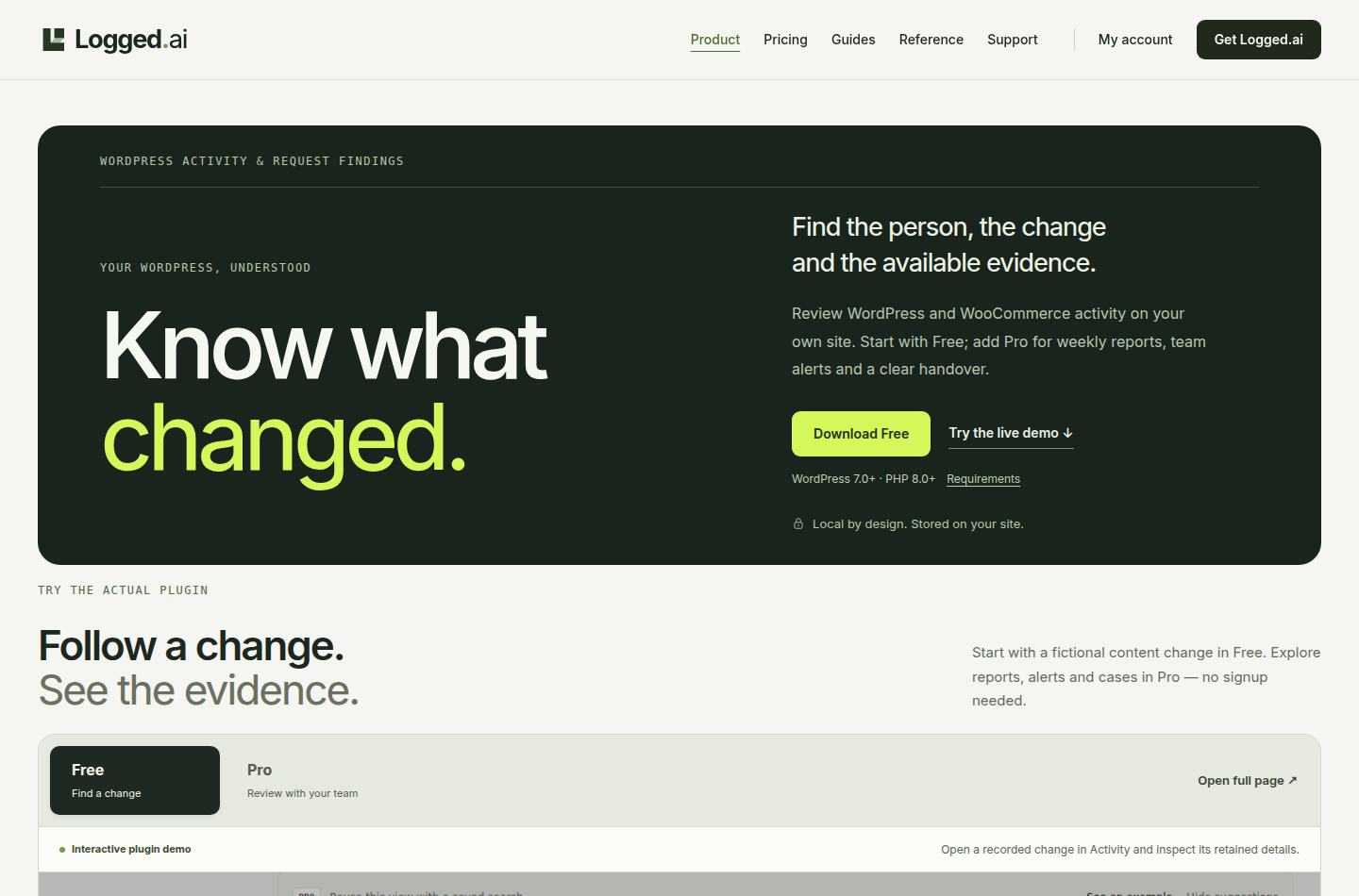 Logged.ai official homepage after the Free and Pro launch split, captured 28 October 2026.