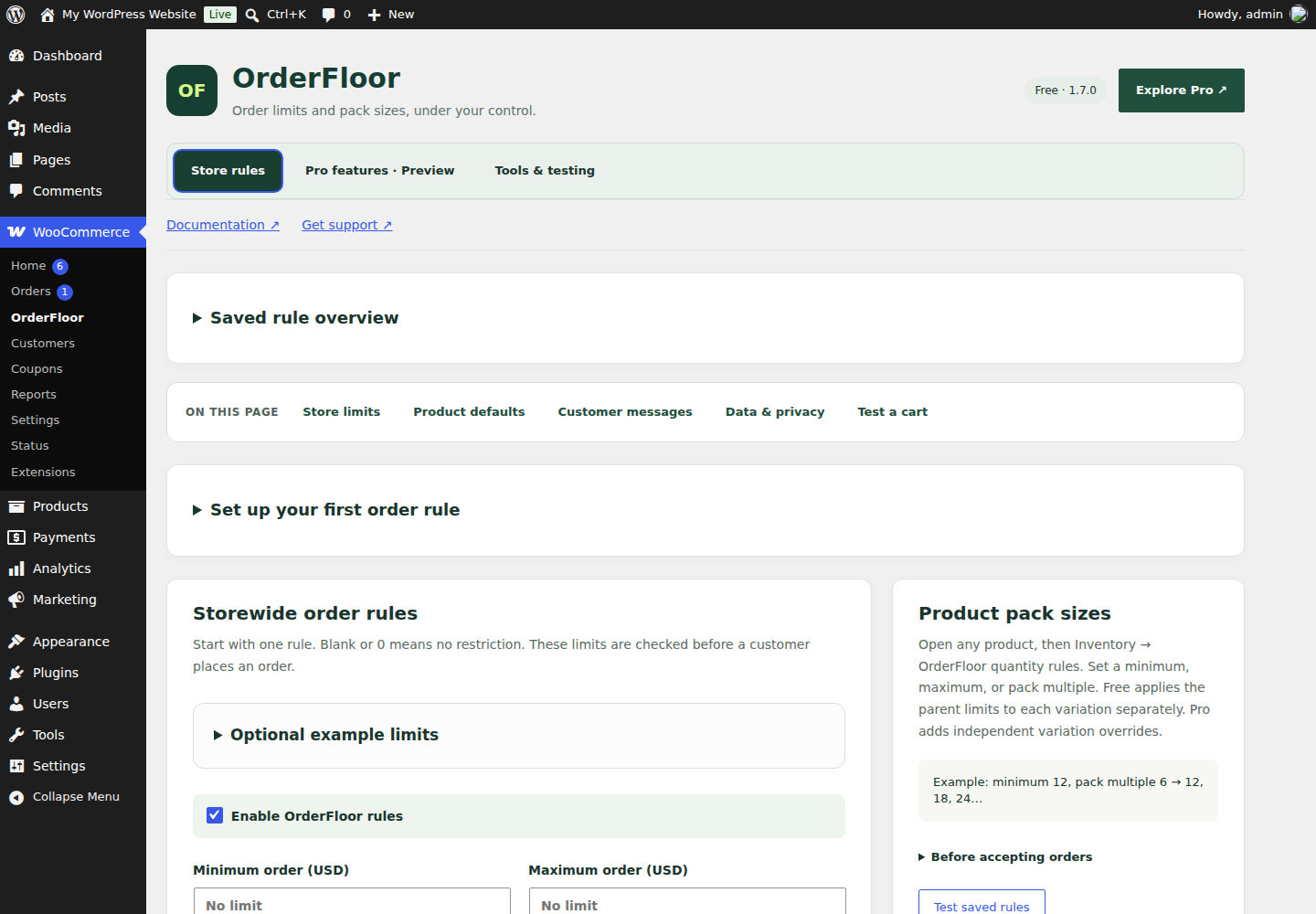OrderFloor plugin interface showing storewide order rules and product pack sizes.