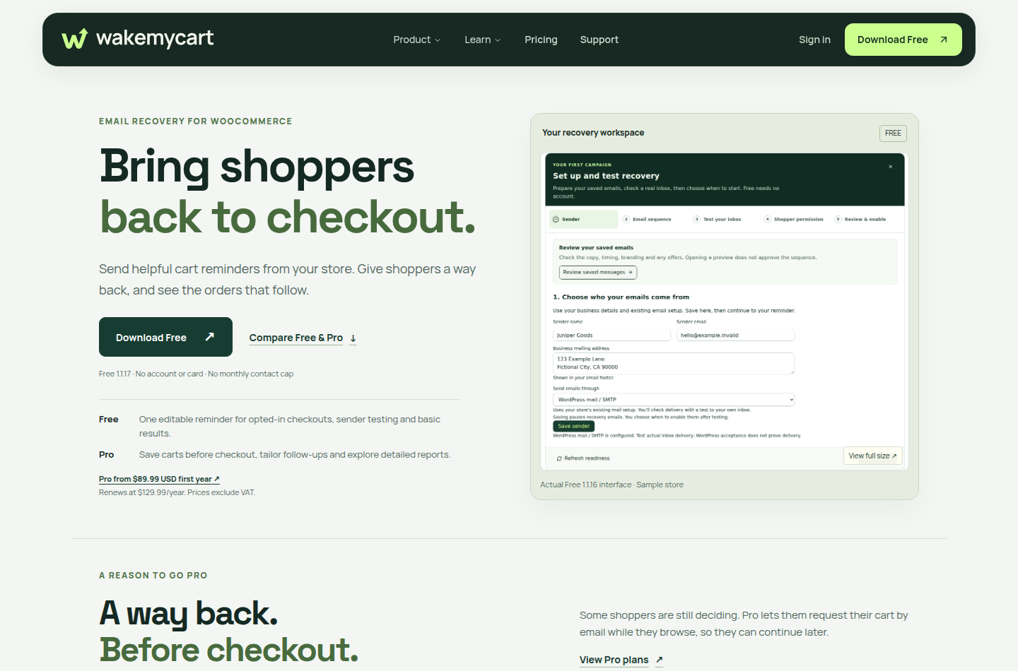 WakeMyCart official homepage after the Free and Pro launch split, captured 28 October 2026.