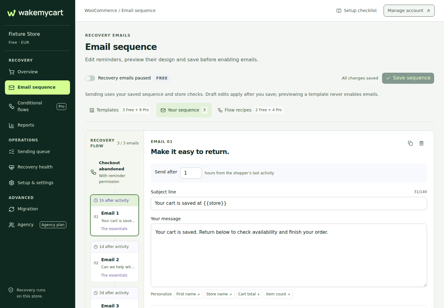WakeMyCart Free recovery sequence settings with example reminder steps.